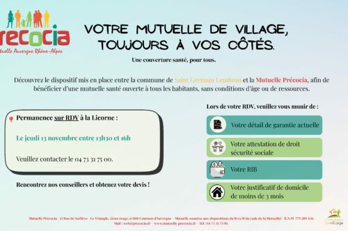 PRECOCIA- Votre Mutuelle de Village –  permanence sur RDV Jeudi 13 novembre 2025 entre 13h30 et 16h00 – La Licorne