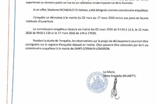 AVIS DE MISE A L&rsquo;ENQUÊTE PUBLIQUE – du 2 mars 2026 au 17 mars 2026 inclus – Mairie de ST-GERMAIN-LEMBRON