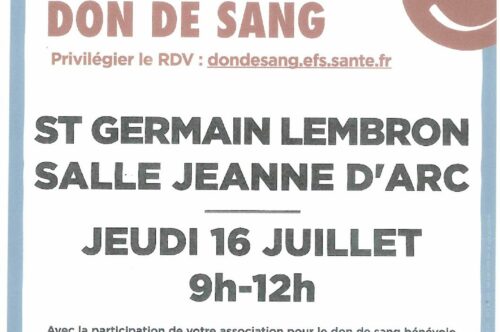 DON DE SANG – jeudi 16 juillet 9h-12h – Salle Jeanne d&rsquo;Arc de ST GERMAIN LEMBRON