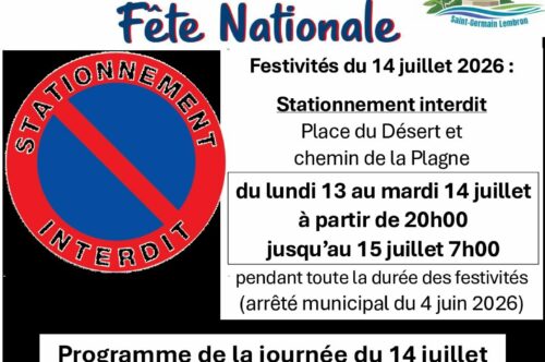 Fête Nationale – stationnement interdit – Place du Désert à ST GERMAIN LEMBRON